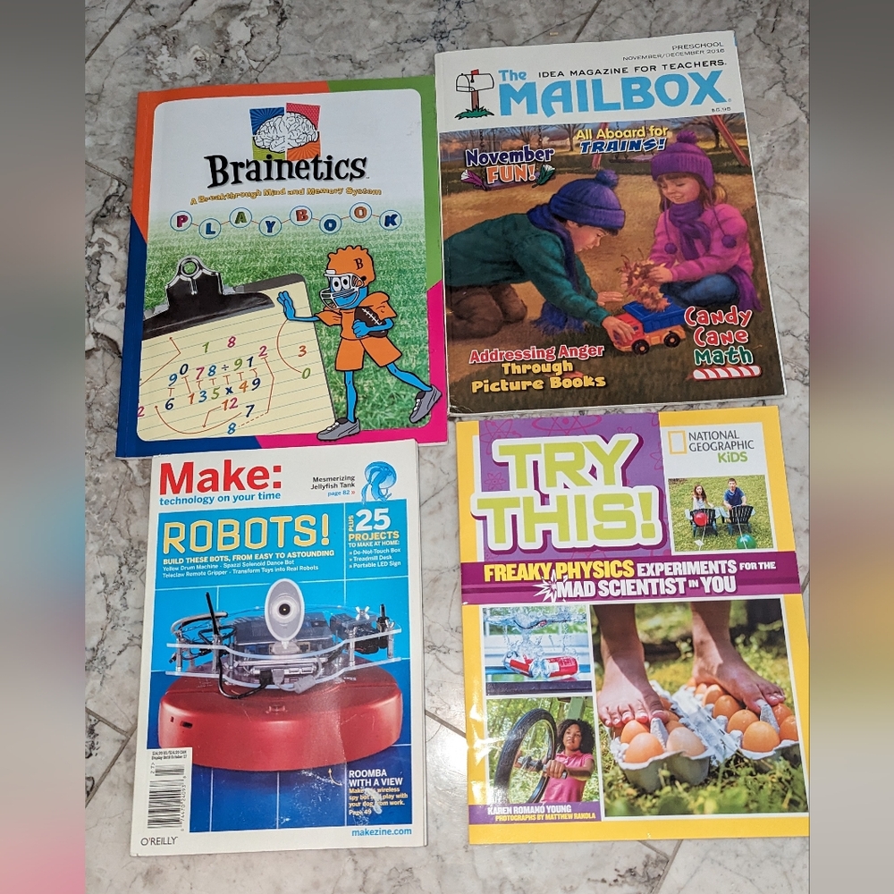 Set Of 4 Learning Magazines, Make: Robotics Vol 27, Brainetics, Mailbox, Nat Geo
